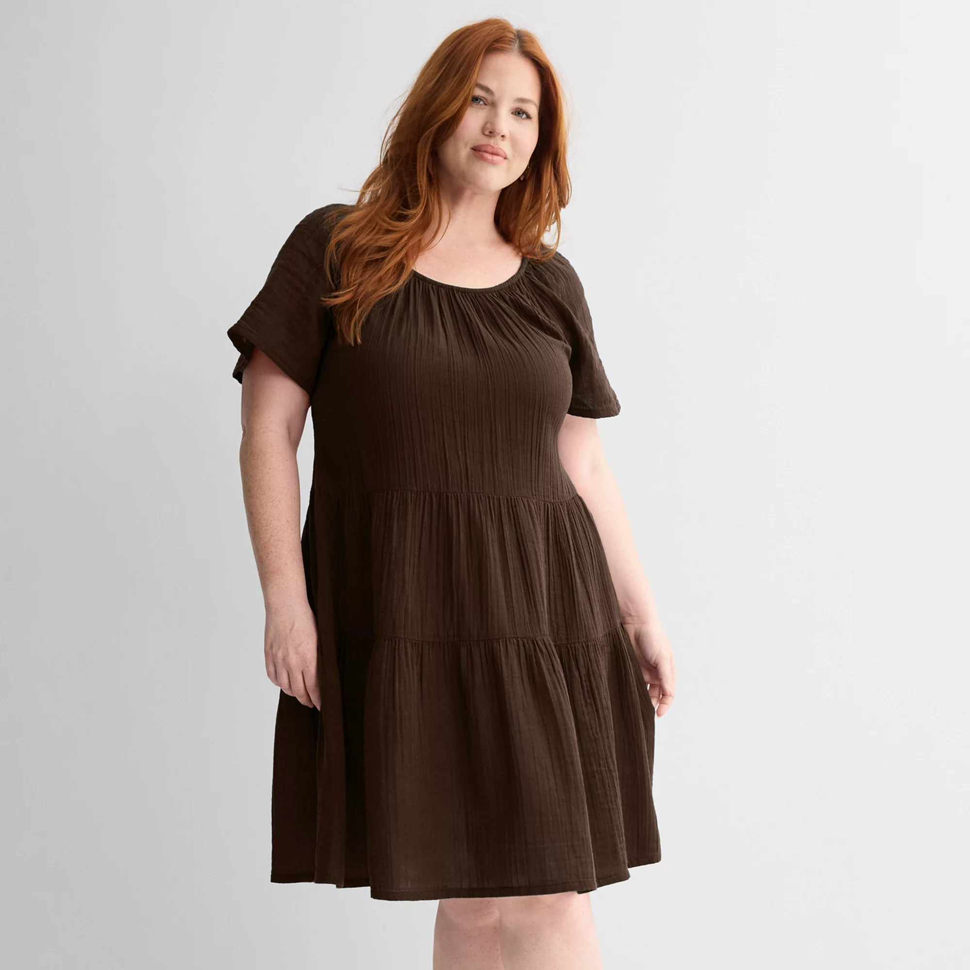 Plus Size Sonoma Goods For Life® Scoop Neck Tiered Dress, Women's, Size: 3XL, Brown Natural Check | Kohl's