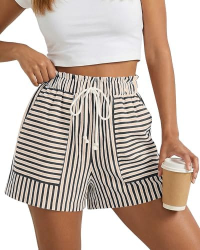 BTFBM Striped Summer Shorts for Women 2026 Loose Spring Casual Elastic Waist Lounge Resort Wear V... | Amazon (US)