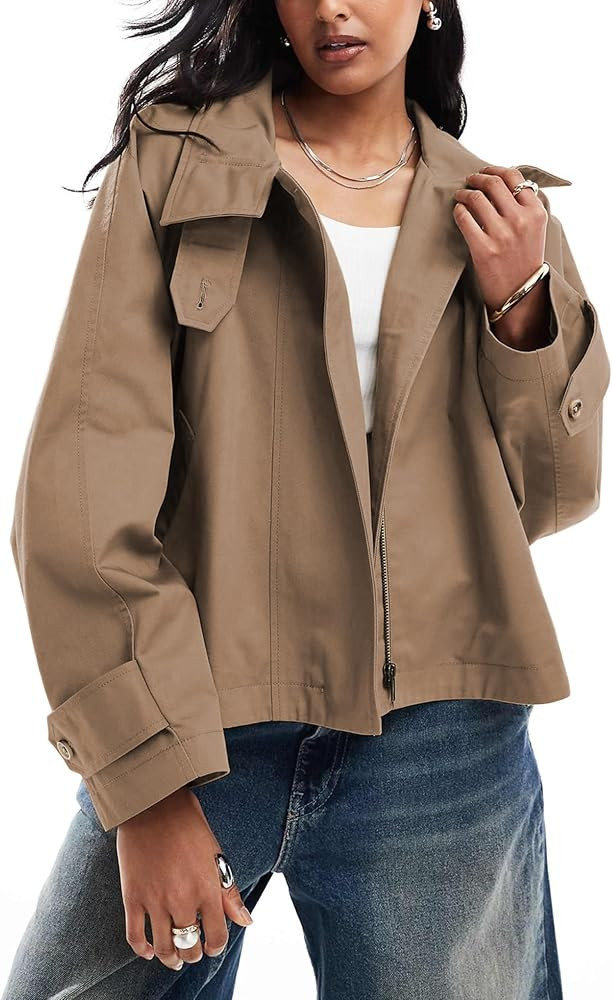 Majdan Women's Cropped Trench Coat Zip Up Short Outwear with Back Cape Casual Fall Spring Jacket ... | Amazon (US)