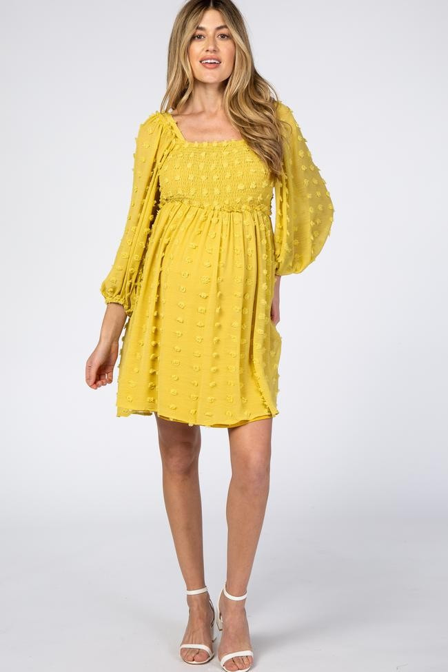 Yellow Textured Dot Smocked Square Neck Chiffon Maternity Dress | PinkBlush Maternity