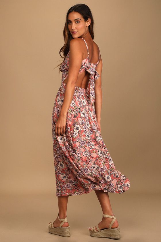 Ties With You Rose Pink Floral Print Tie-Back Midi Dress | Lulus (US)