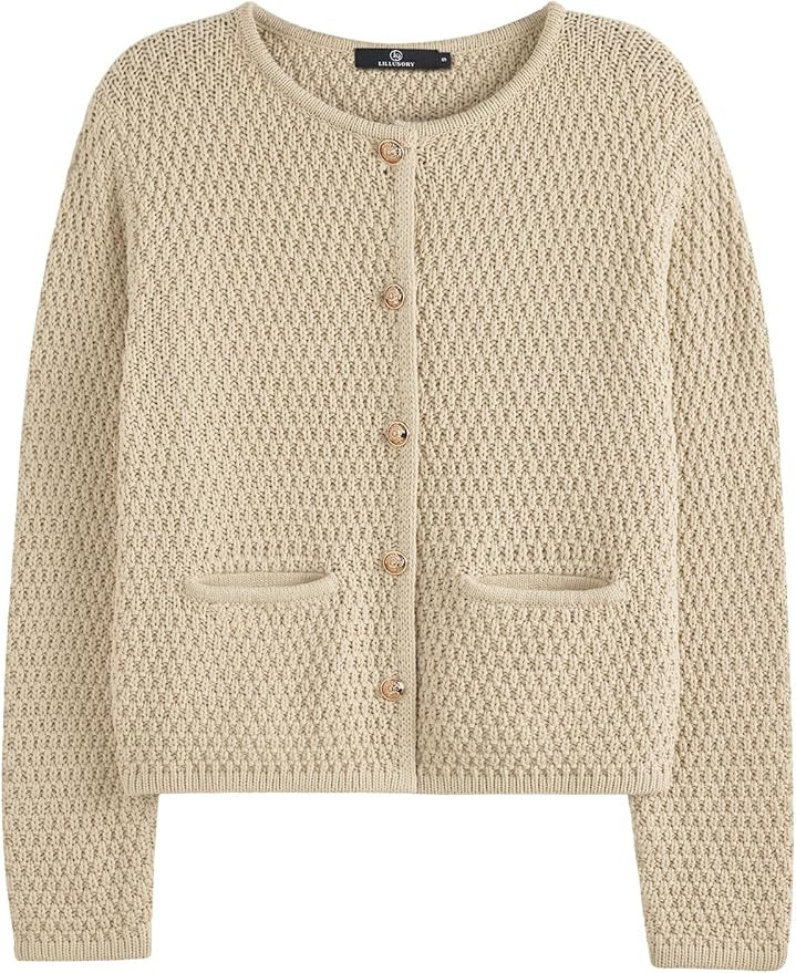 LILLUSORY Womens Crew Neck Buttons Cardigan Sweaters Dressy Casual Lightweight Jacket with Patch ... | Amazon (US)