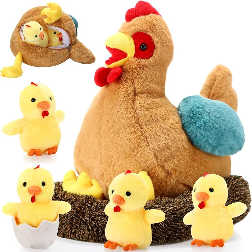 Skylety 9.84 in Plush Chicken Toys Egg Laying Hen with Zippered Belly, Hen House and Little Baby ... | Amazon (US)