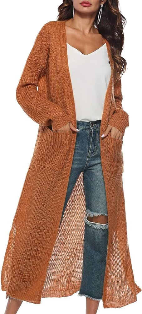 Womens Casual Long Sleeve Split Open Cardigan Knit Long Cardigan Sweaters with Pockets Fall Fashi... | Amazon (US)