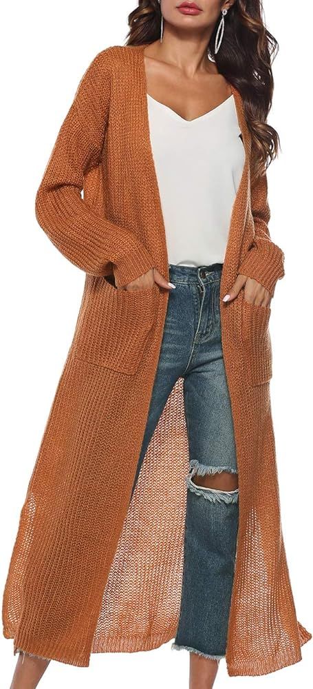 Womens Casual Long Sleeve Split Open Cardigan Knit Long Cardigan Sweaters with Pockets Fall Fashion  | Amazon (US)
