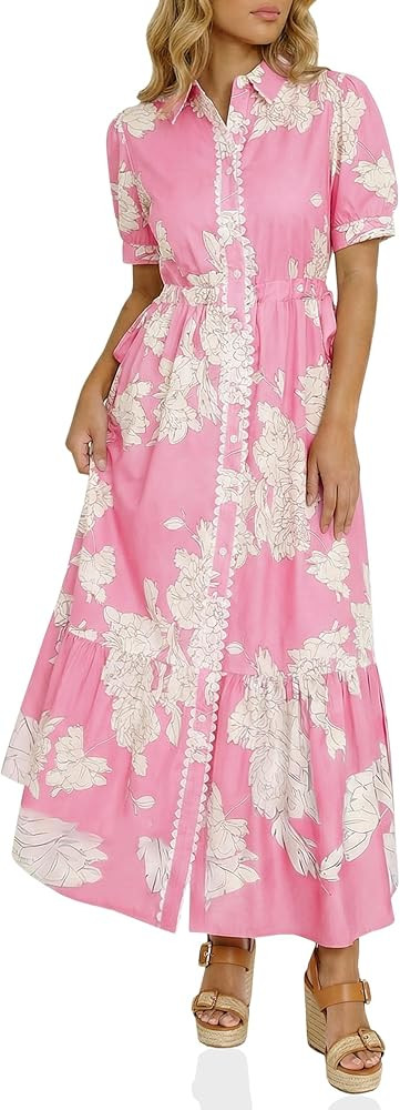 Wenrine Womens Casual Shirt Dress Floral Collared Short Sleeve Button Down Drawstring Waist Loose... | Amazon (US)