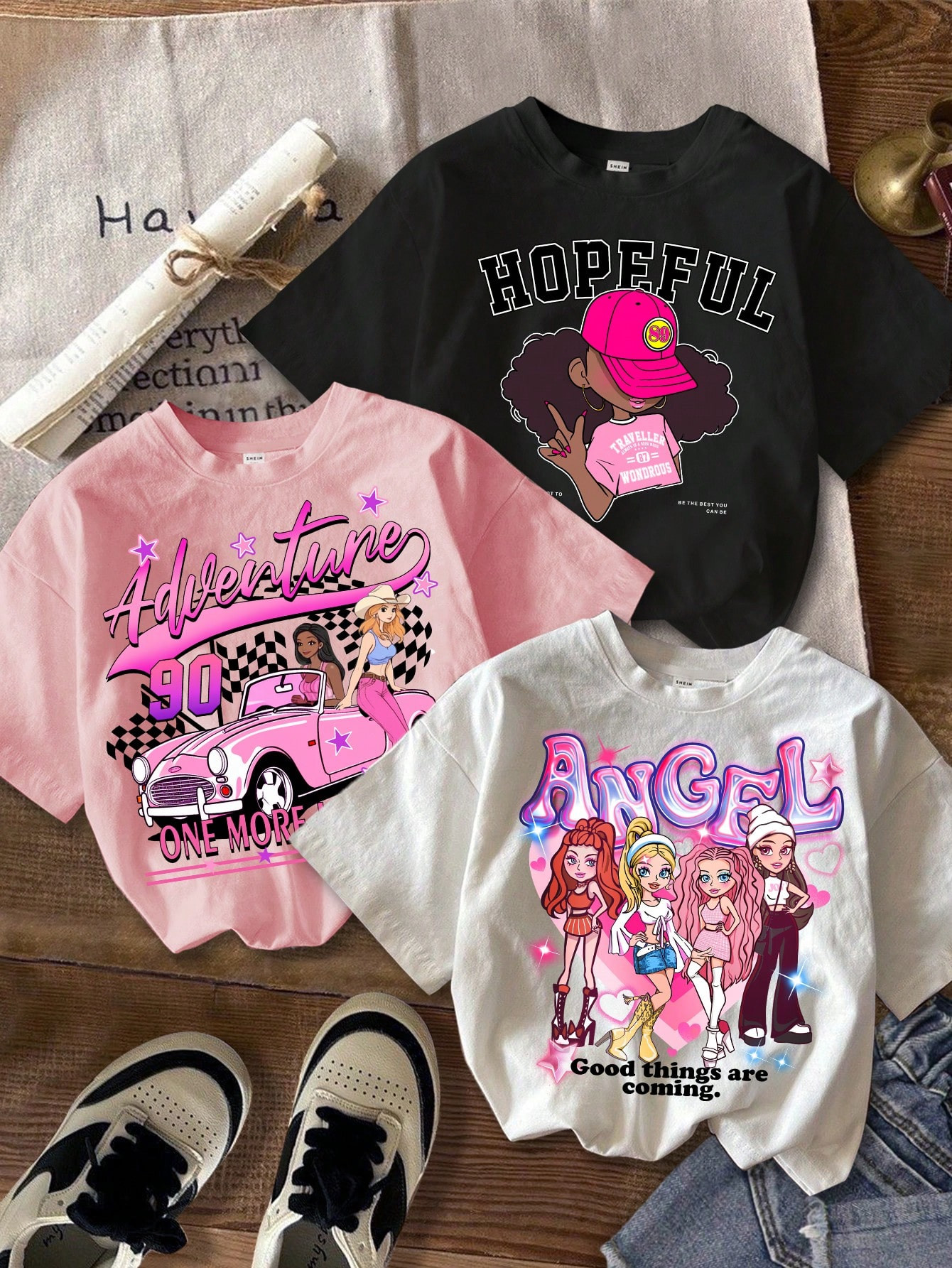 SHEIN 3pcs/Set Casual Cute Cartoon Car Print Short Sleeve Crew Neck T-Shirts For Young Girls, Whi... | SHEIN