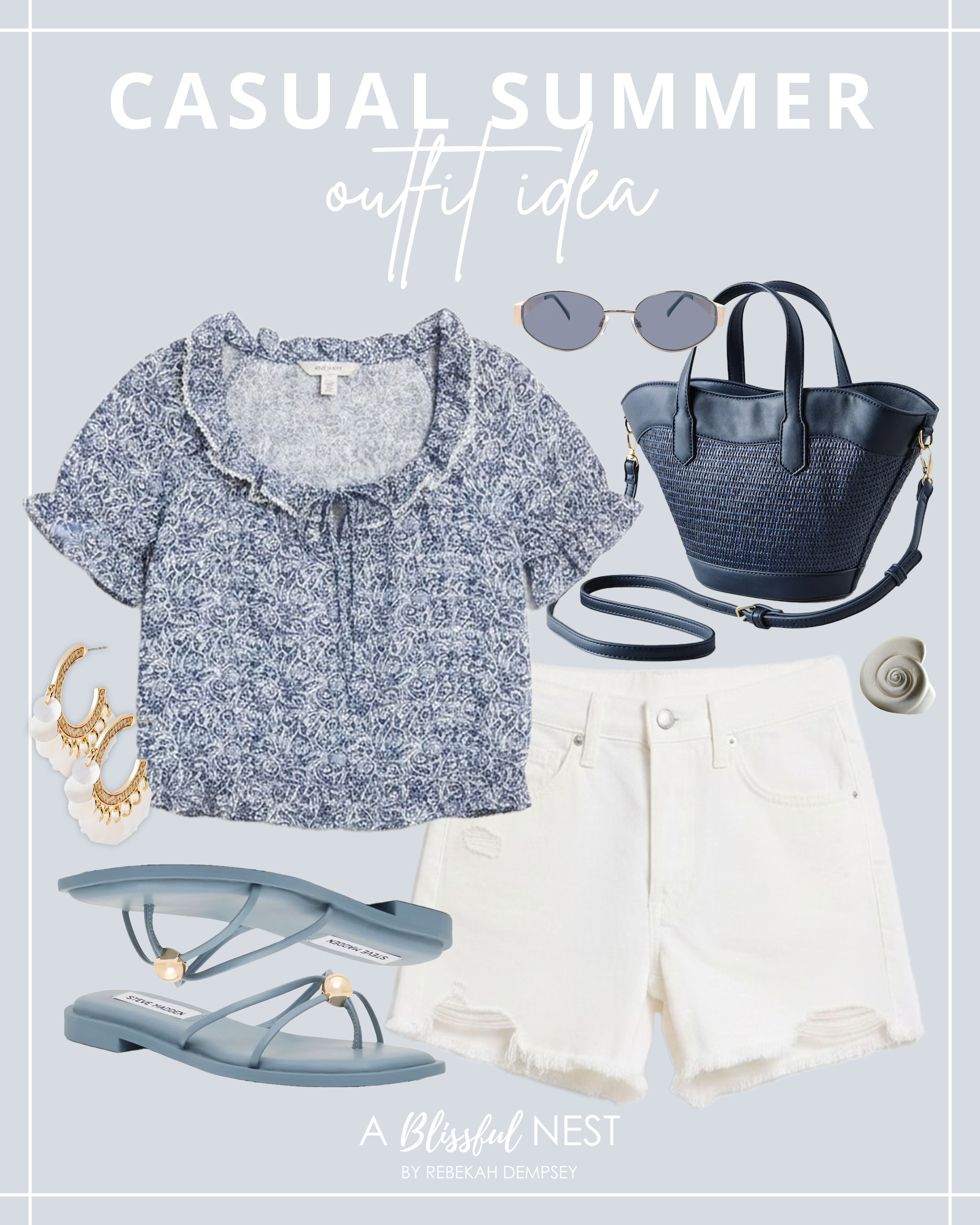 The prettiest casual summer outfit idea for brunch, errands, and weekend plans. Snag these finds.

white baggy jean shorts, ruffle short-sleeve scoop-neck blouse, metal oval sunglasses, Steve Madden Bermuda sandal, shell hoop earrings, shell statement ring, navy cross-body bag. 

 #LTKootd #LTKSeasonal #LTKMidsize