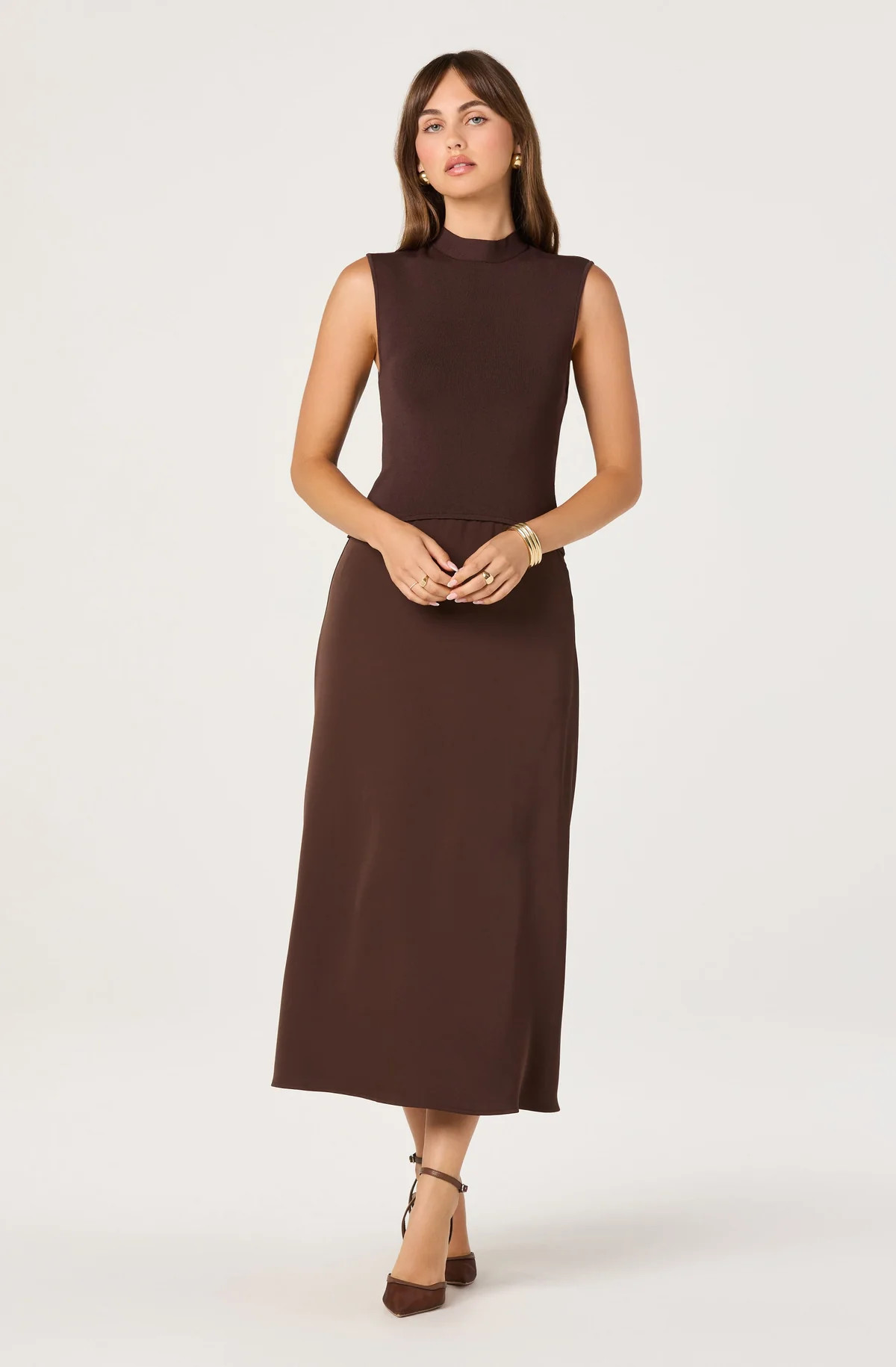 High Neck Tie-Back Midi Dress - Brown / XS | ASTR The Label (US)