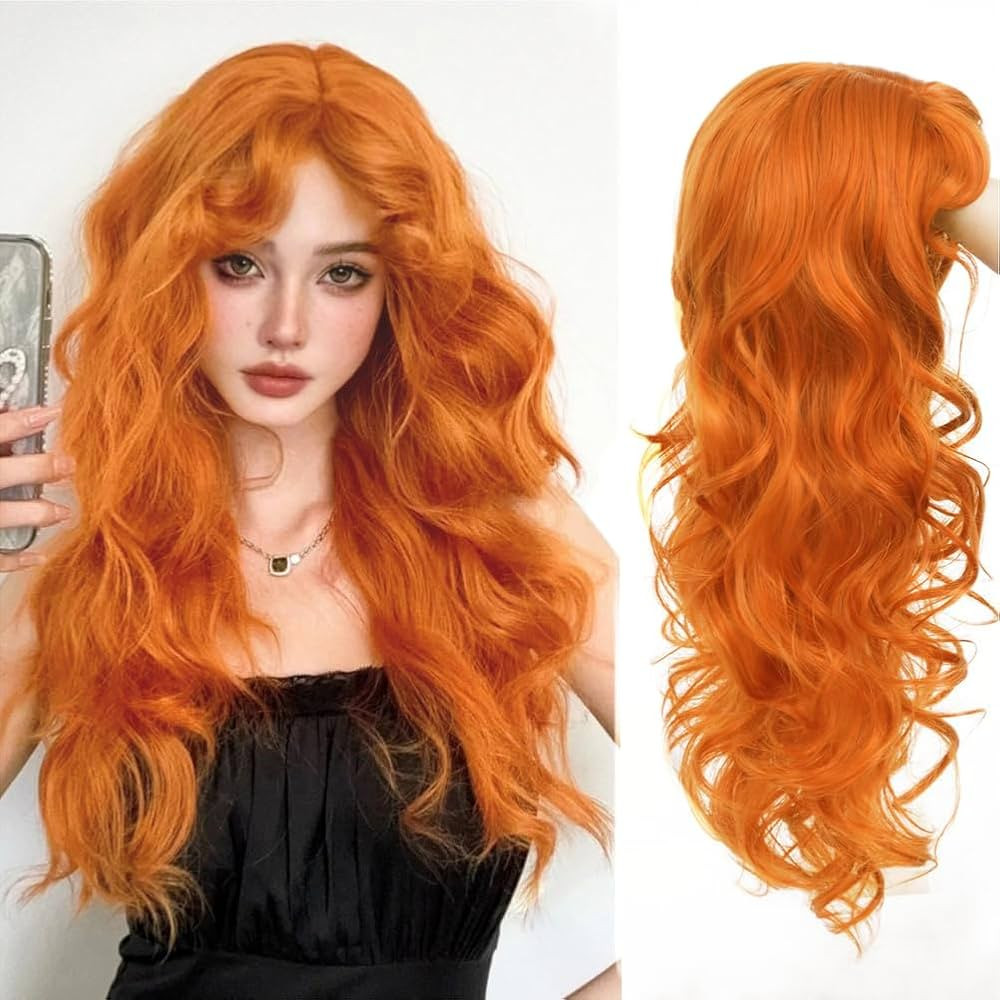 Orange Long Curly Wigs for Women with Bangs Natural Fluffy Wig Synthetic Ginger Hair Wig for Cosp... | Amazon (US)