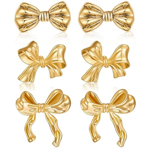 PINCHUAN 3pairs Gold Bow Earrings Small Classic Bow Stud Earrings Gold Bow Knot Earrings Pearl Bow Earrings Pink Bow Earrings Bow Drop Earrings Christmas Bow Earrings for Women-3pairs gold | Amazon (US)