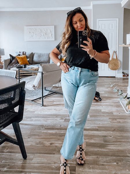 Blue jeans baby. And a black tee! Line T-shirt. Black T-shirt. Blue jeans. Studded heels. Strappy shoes. 

#blue jeans #blue denim #black tee #linen tee #casual outfit #Casual style

#LTKstyletip #LTKFind #LTKover40