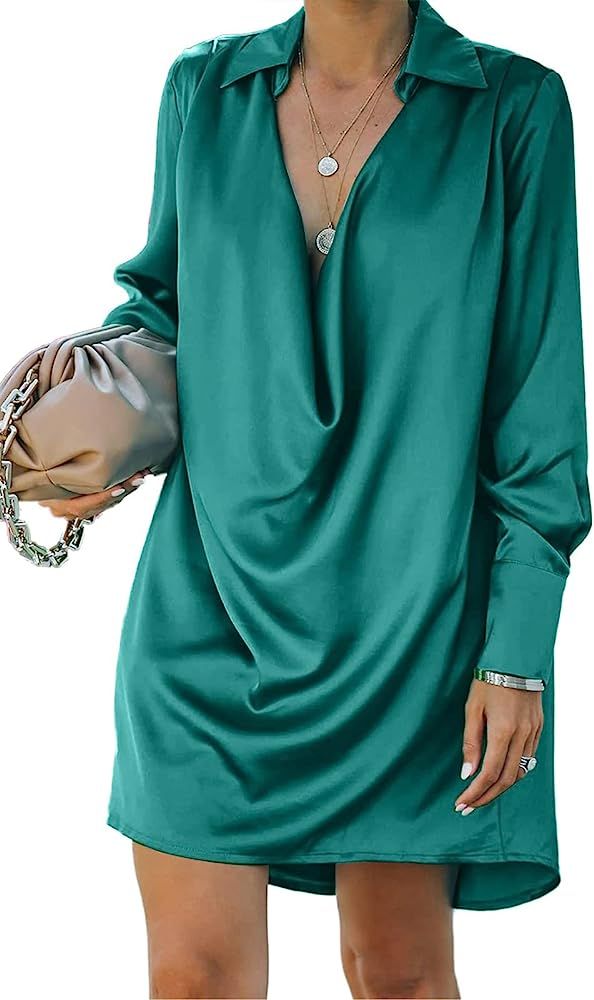 CTU Satin Dress for Women Collar V Neck Drape Ruched Front Long Sleeve Going Out Mini Dresses | Amazon (US)