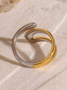 Stainless Steel Metal Waterproof 18K Gold Thaya Colorblock Cross Asymmetric Open Ring Jewelry Bag... | SHEIN