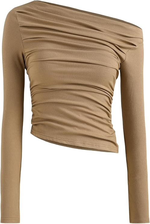CIDER Solid Asymmetrical Neck Long Sleeve Top | Amazon (US)