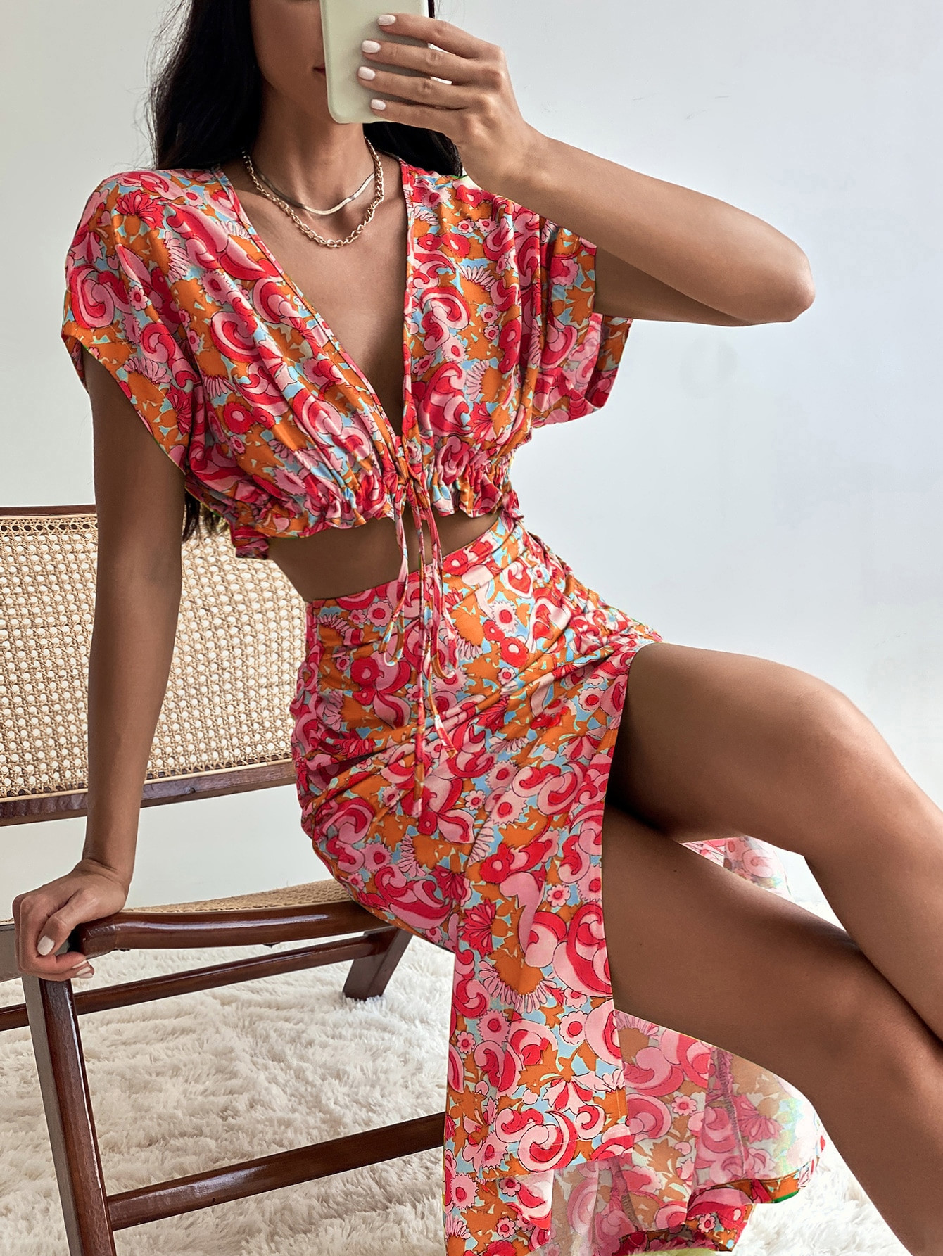 SHEIN Frenchy Allover Print Cut-waist Ruched Slit Side Dress | SHEIN