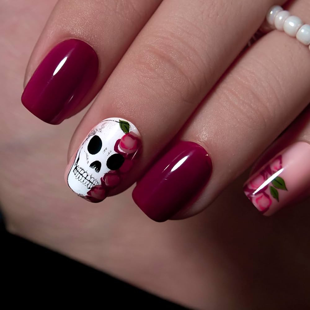 Curvlife Press on Nails Acrylic Fake Nails with Short Square Halloween Red skull Design Full Cove... | Amazon (US)
