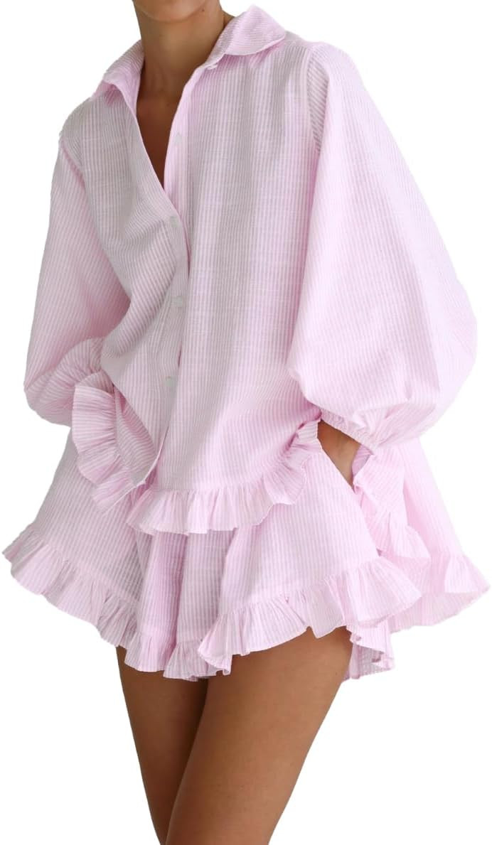 Women Ruffle 2 Piece Sets Stripe Long Sleeve Button Down Shorts Set | Amazon (US)