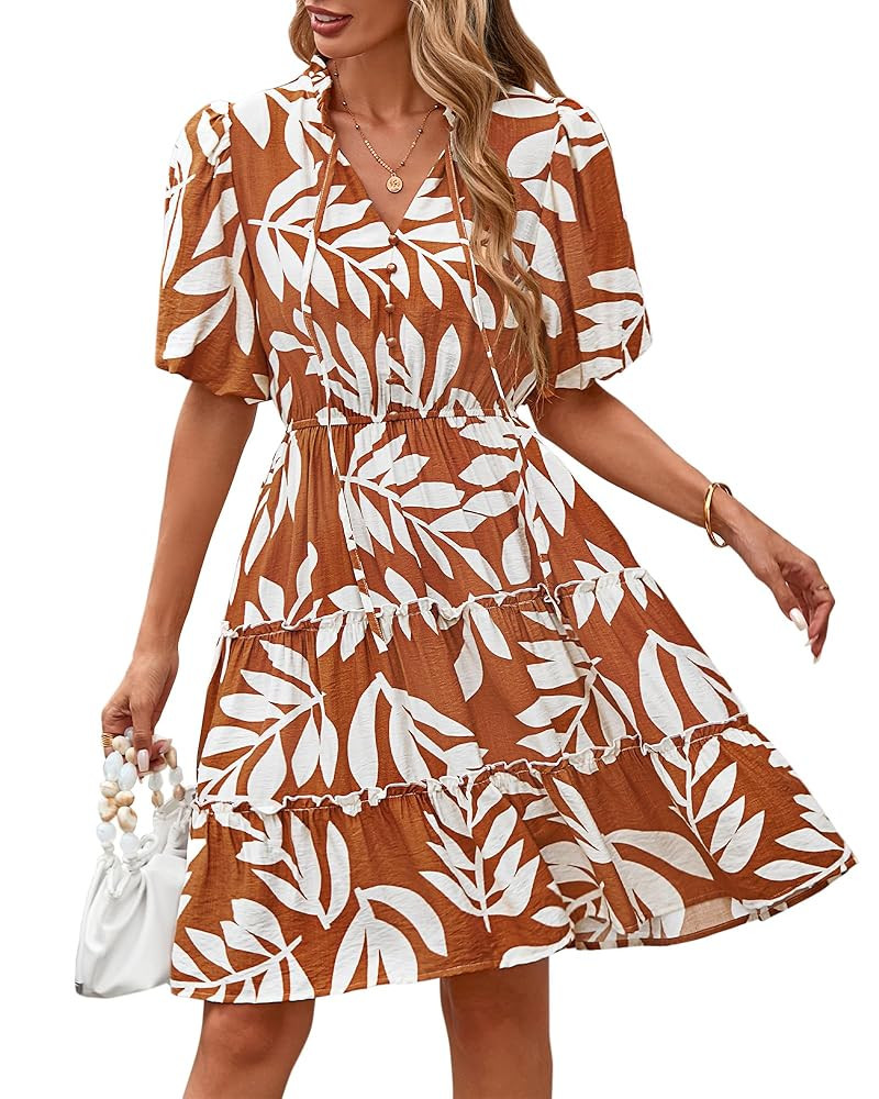 BTFBM Women Summer Floral Short Dresses V Neck Short Sleeve Tiered Ruffle Boho Swing Dress A-Line... | Amazon (US)