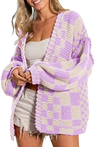 SELINK Women's Cardigan Sweater Vintage Open Front Mixed Checkered Pattern Chunky Knit Plaid Long... | Amazon (US)