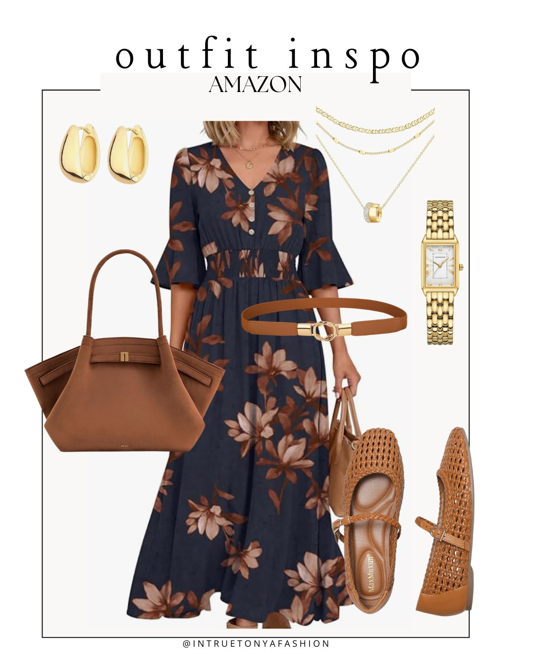 Navy floral dress with a brown belt, brown tote bag, ballet flats, and gold jewelry 





 Summer workwear, summer dress, teacher outfit, Amazon dress, summer dress, floral dress, Amazon dresses for summer, amazon prime deal days

#LTKootd #LTKWorkwear #LTKSaleAlert