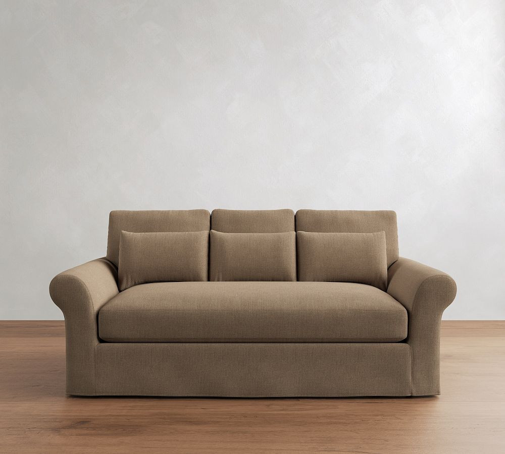 PB Comfort Modern Roll Arm Slipcovered Deep Seat Sofa 82" 3X1, Down Blend Wrapped Cushions, Performance Rustic Linen Walnut | Pottery Barn (US)