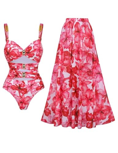 FLAXMAKER Cutout Flower Print One Piece Swimsuit and Skirt Set (US, Alpha, Small, Regular, Regula... | Amazon (US)