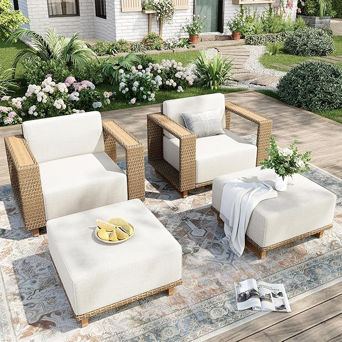 4 Pcs Outdoor Patio Furniture Set, Outdoor Wicker Modular Sofa Couch, 2 Rattan Single Sofa, 2 Ott... | Amazon (US)