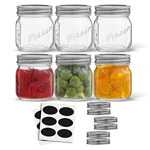 JoyJolt 8 Oz Mason Jars With Lids, Labels and Measures! 6-Pack Regular Mouth Mason Jars, Glass Jar with Lid and Band. Airtight Canning Jars, Overnight Oats Jars, Salad Jars, Sourdough Starter Jar | Amazon (US)