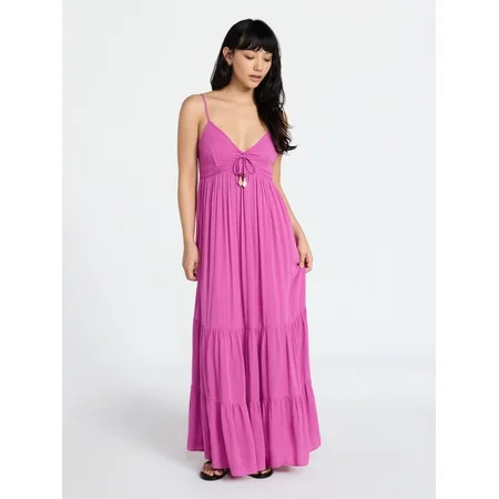 No Boundaries Crochet Lace Trim Tiered Maxi Dress, Women's XXS-XXL | Walmart (US)