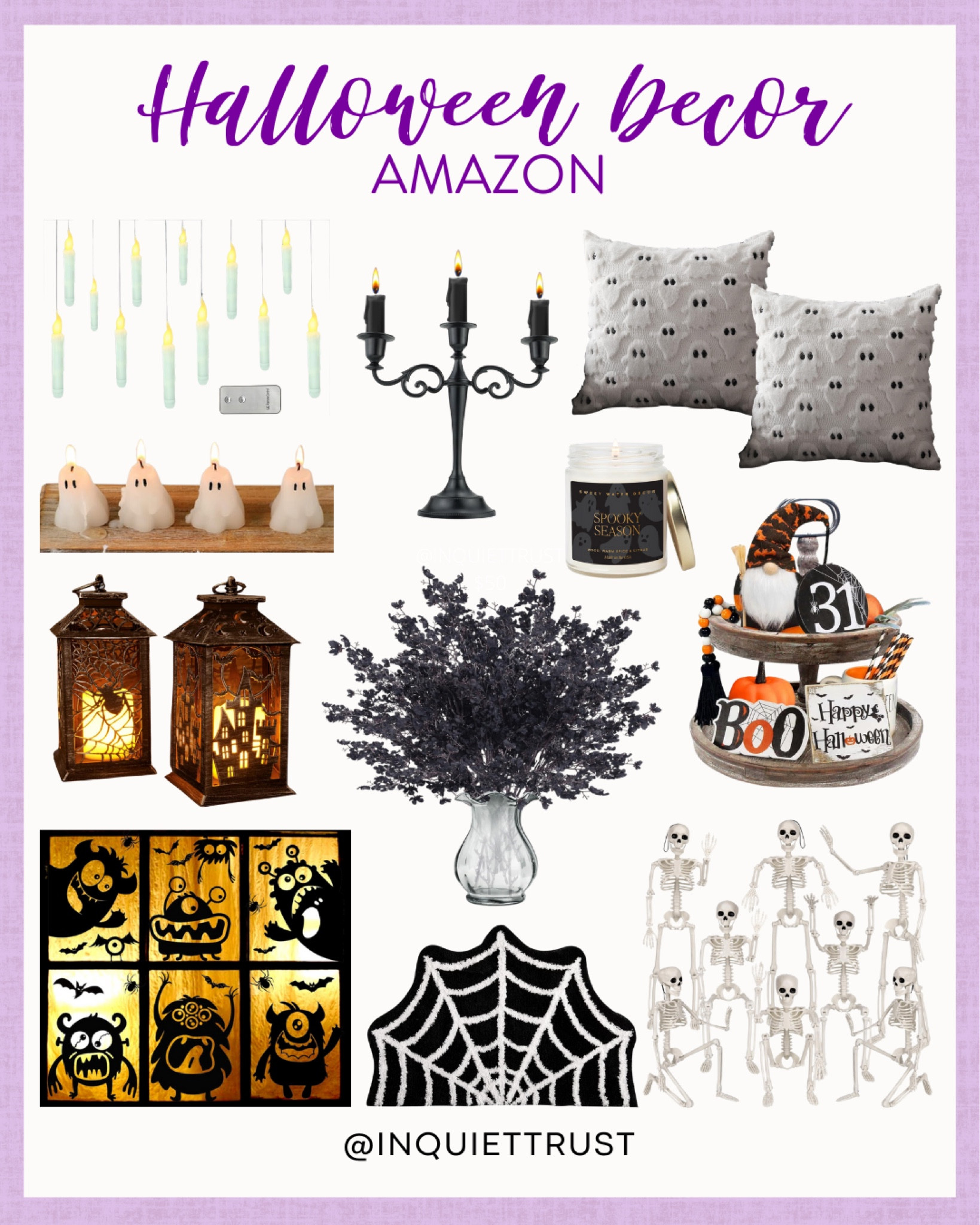Halloween decor on a budget? These Amazon essentials are perfect for crafting your own spooky creations: a vintage black candle holder, ghost throw pillow, gray faux wreath, cobweb design rug, halloween tray decor set, skeleton hanging collectibles, and more!
#partyidea #hostesslife #affordablefinds #fallrefresh

#LTKStyleTip #LTKSeasonal #LTKHome