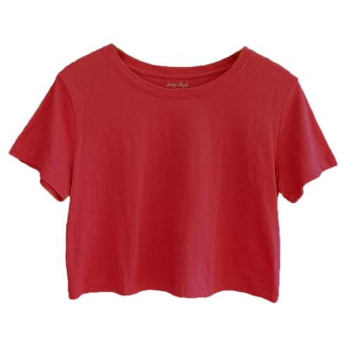 Women's Loose Fit Crop Tops Round Neck Short Sleeve Casual 100% Cotton Cropped Top Tee T-Shirt, Red, Medium | Amazon (US)
