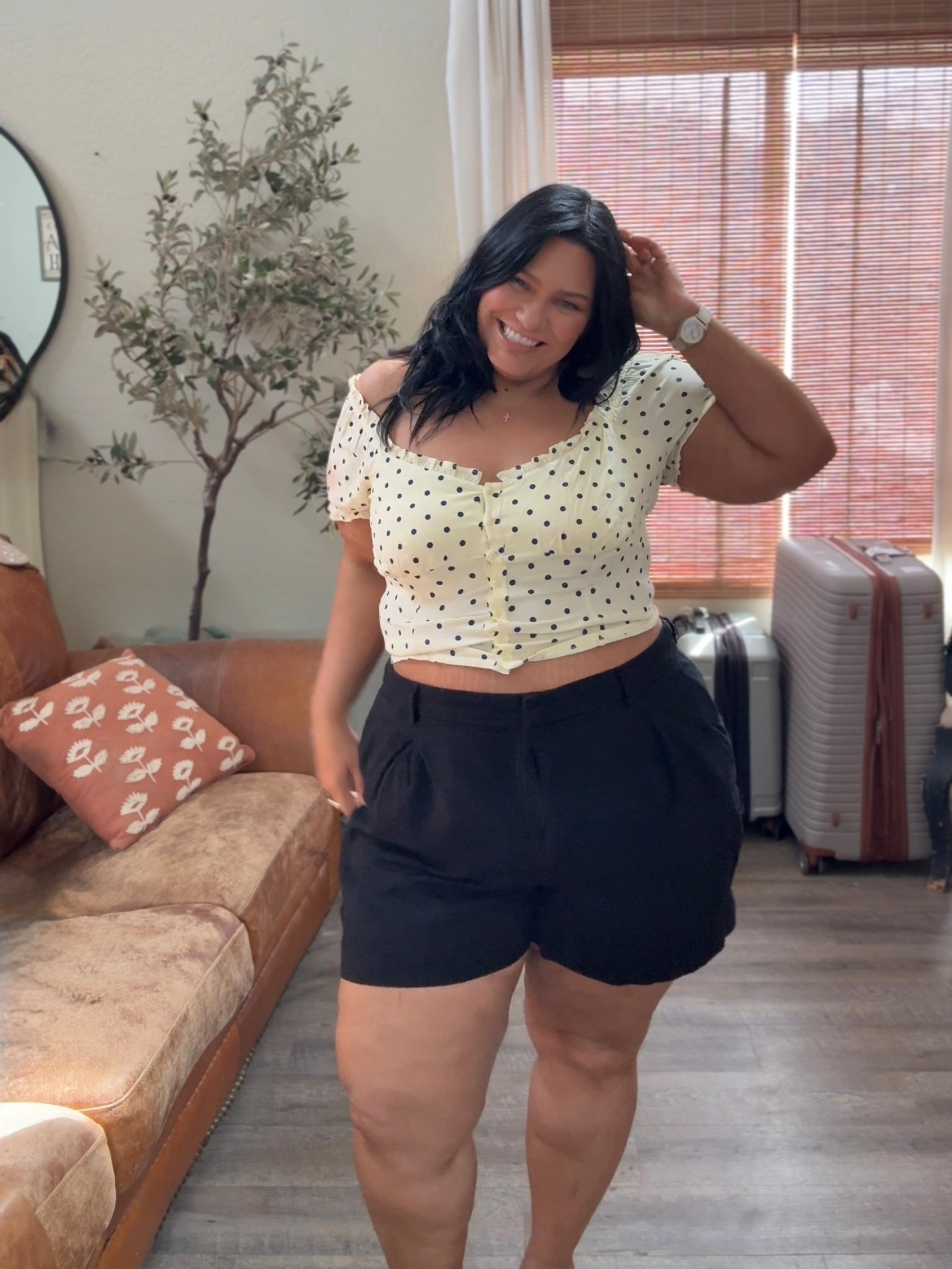 Polka dot spring top with sleeves. I’m wearing XL, true to size. Shorts are last year from Old Navy but I linked two similar pairs. 5’6” 225lbs size 16/18 
Spring outfits, cute mom outfits, polka dot off the shoulder top

#LTKSeasonal #LTKPlusSize #LTKMidsize