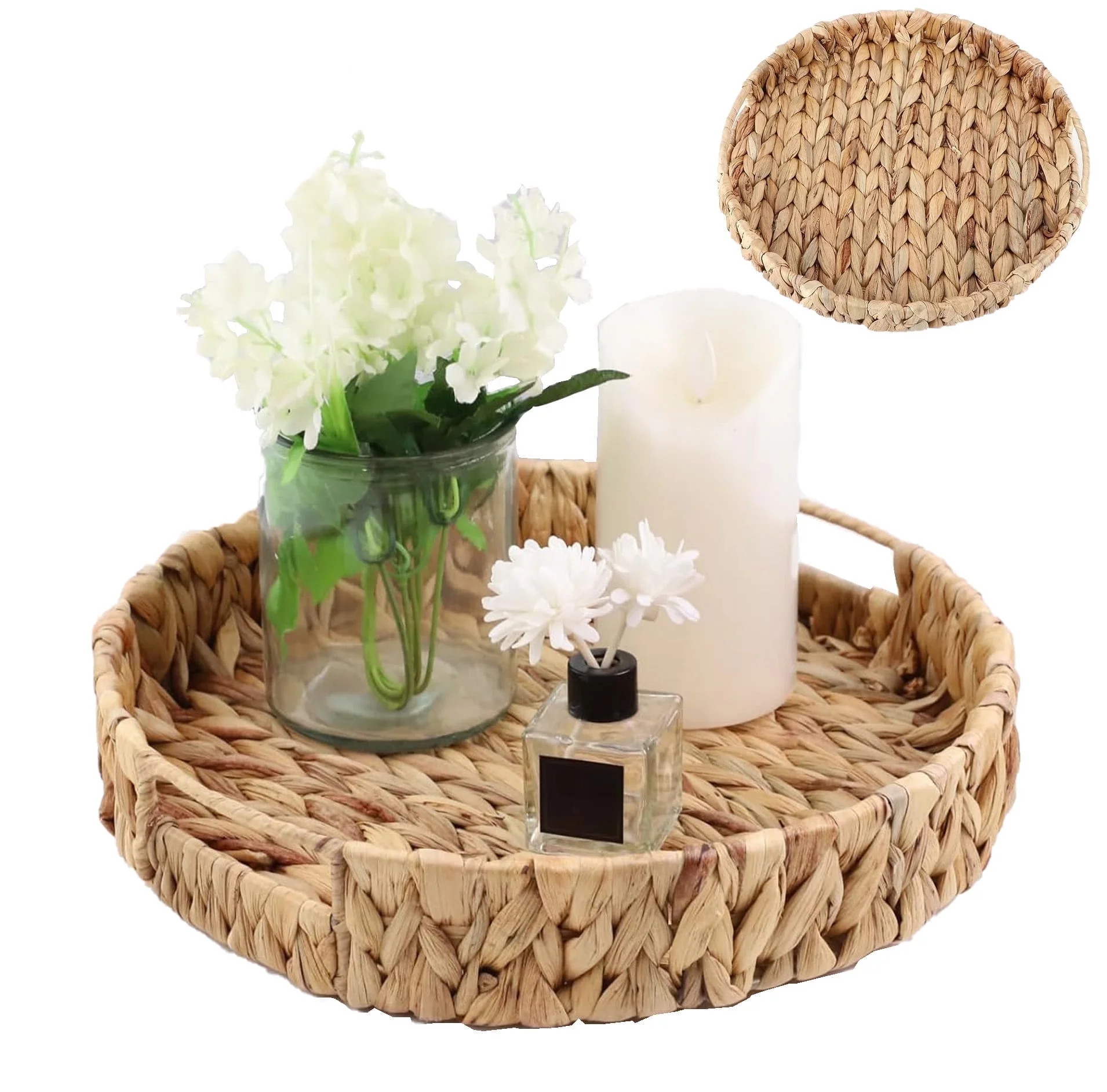 Coffee Table Tray Round Decorative Display Tray Woven Serving Trays with Handles,Water Hyacinth S... | Walmart (US)