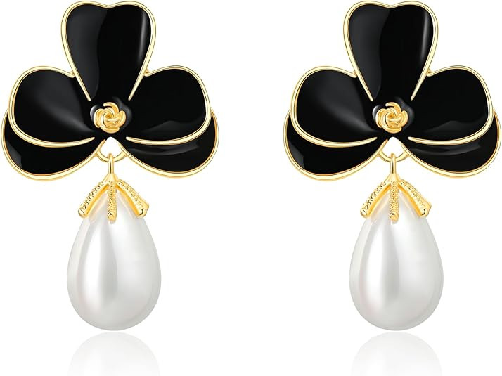 Flower Teardrop Pearl 14K Gold Plated Dangle Earrings for Women | Floral Enamel drop Ball Earring... | Amazon (US)