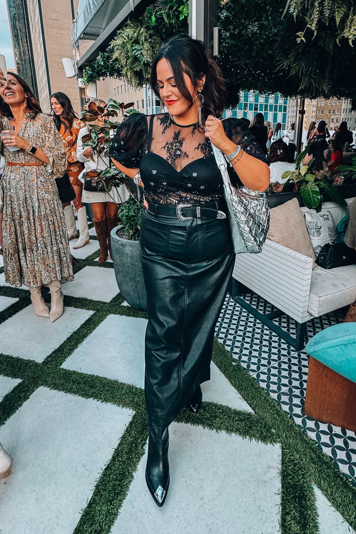 Midsize party outfit
sheer top is a large 
Strapless bra 38dd 
Faux leather maxi is a size 14 - has great stretch to it. 
Western Belt is an xl 
Silver bag - Amazon 
Western black boots tts I have a 16” calf and they fit wonderful 
Red lip stays all night! 

#LTKCon #LTKmidsize #LTKparties