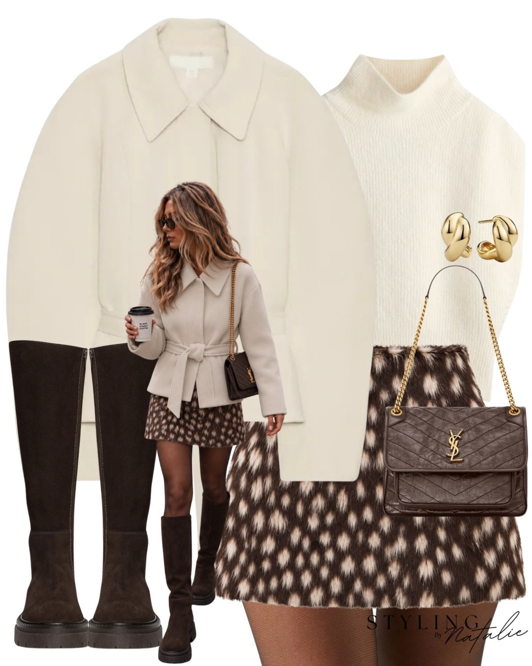 Cream belted peplum jacket, cream sleeveless turtleneck top, faux fur deer print mini skirt, brown flat knee-high boots, YSL bag and gold earrings @Mejuri @ASOS cinched waist jacket, animal print, Bambi print, doe print, autumn outfit, winter outfit, tights, casual chic, cool girl, Zara, date night style, weekend look,