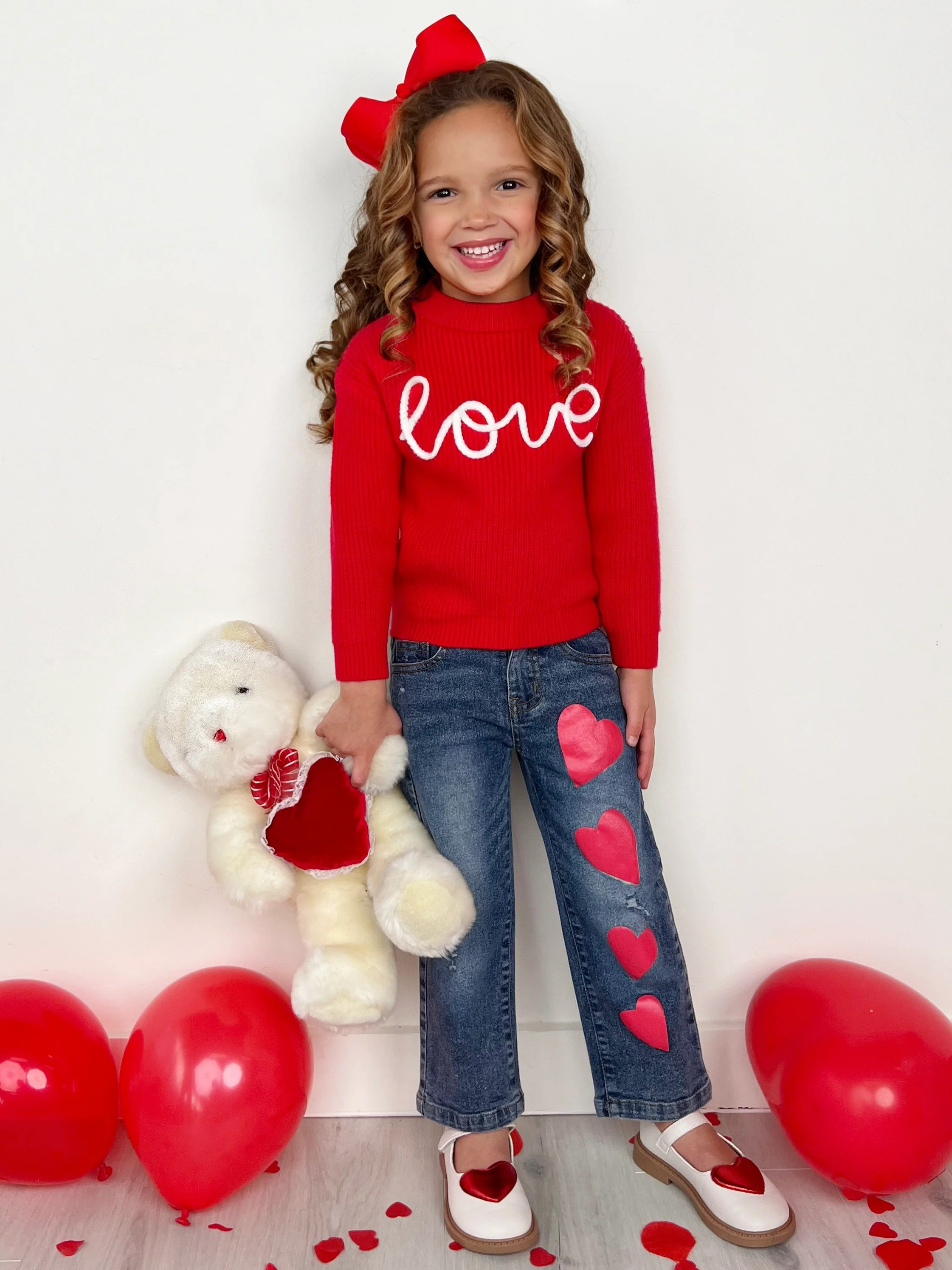 Red Love Sweater and Heart Denim Pant Set | Mia Belle Girls