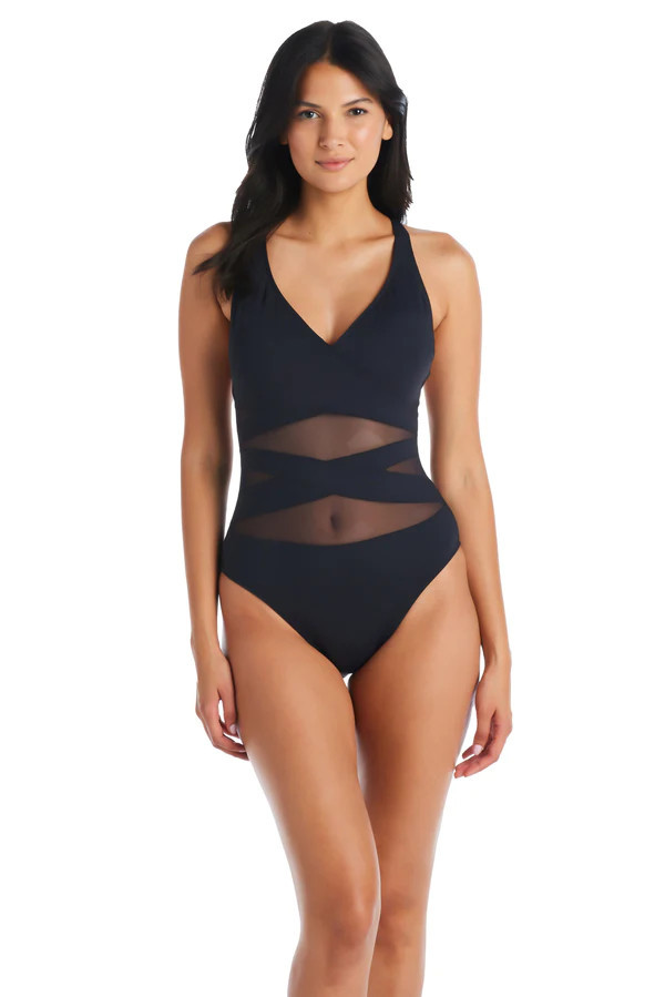 Don't Mesh With Me One Piece V Neck Cross Back Swimsuit | Bleu Rod Beattie