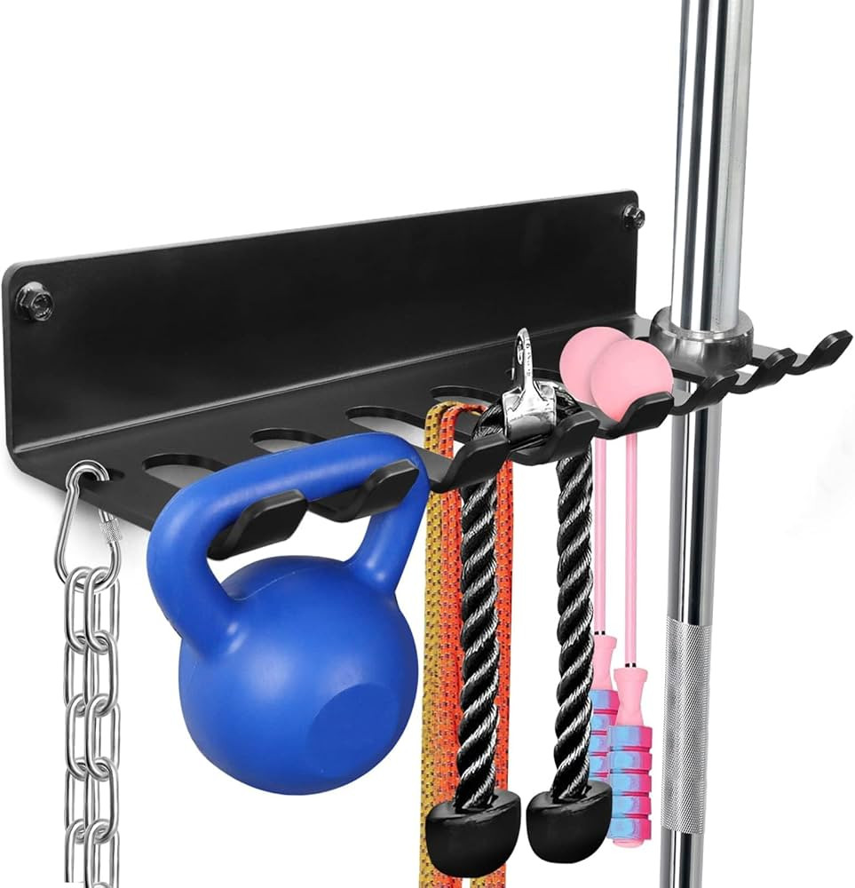 Gym Rack Organizer, Home Gym Accessories Hanger, Wall Mount Hooks for Olympic Barbells, Row Handl... | Amazon (US)