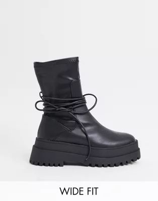 Public Desire Wide Fit Finale chunky flat ankle boots with tie in black | ASOS (Global)