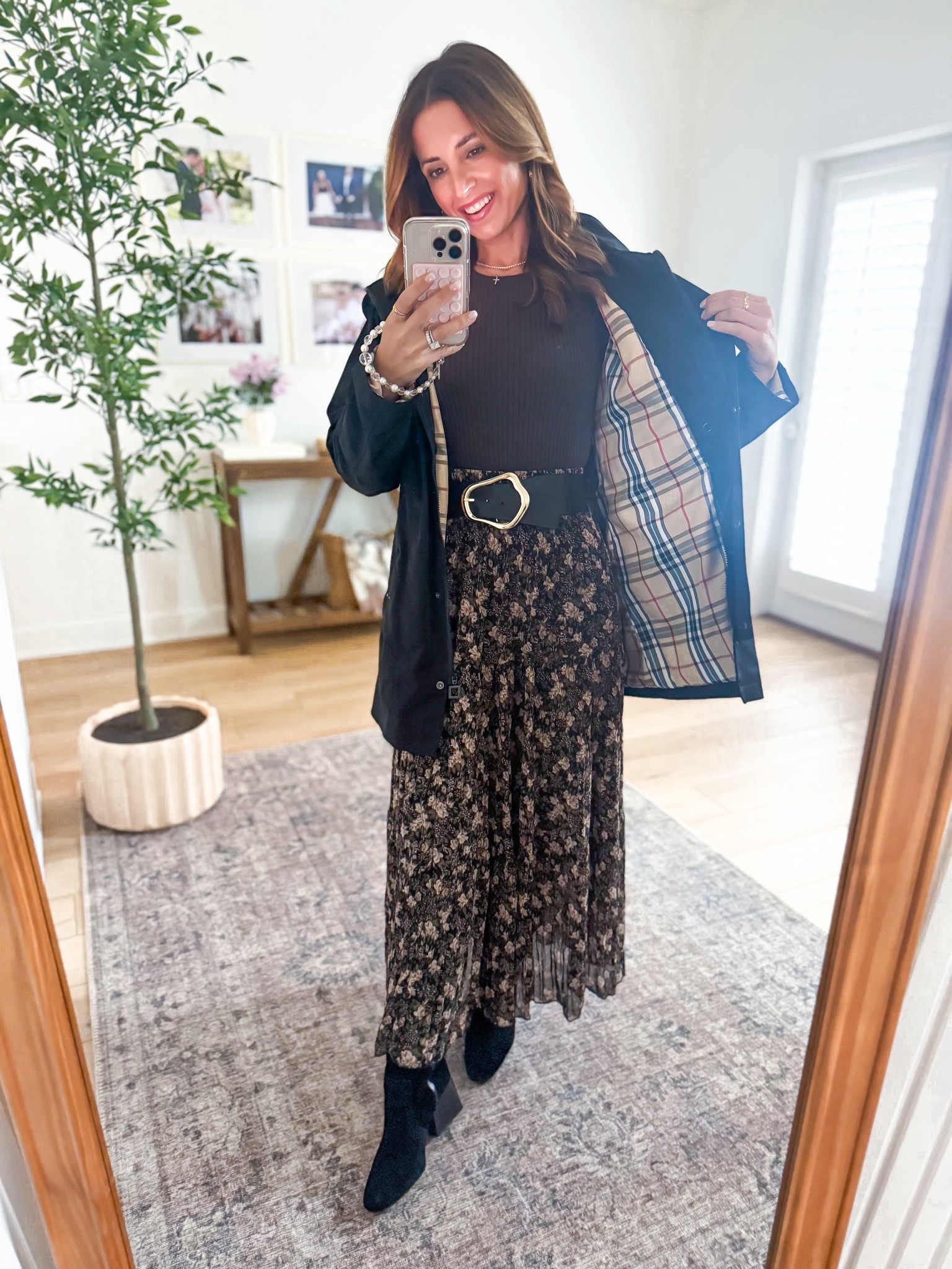 My church #ootd here! Amazon rain jacket in small. Amazon floral skirt in small. Waterproof knee high boots - I went up half a size. Winter outfit. Spring outfit. Church outfit. Amazon belt. 

#LTKgrwm #LTKootd #LTKmomlife