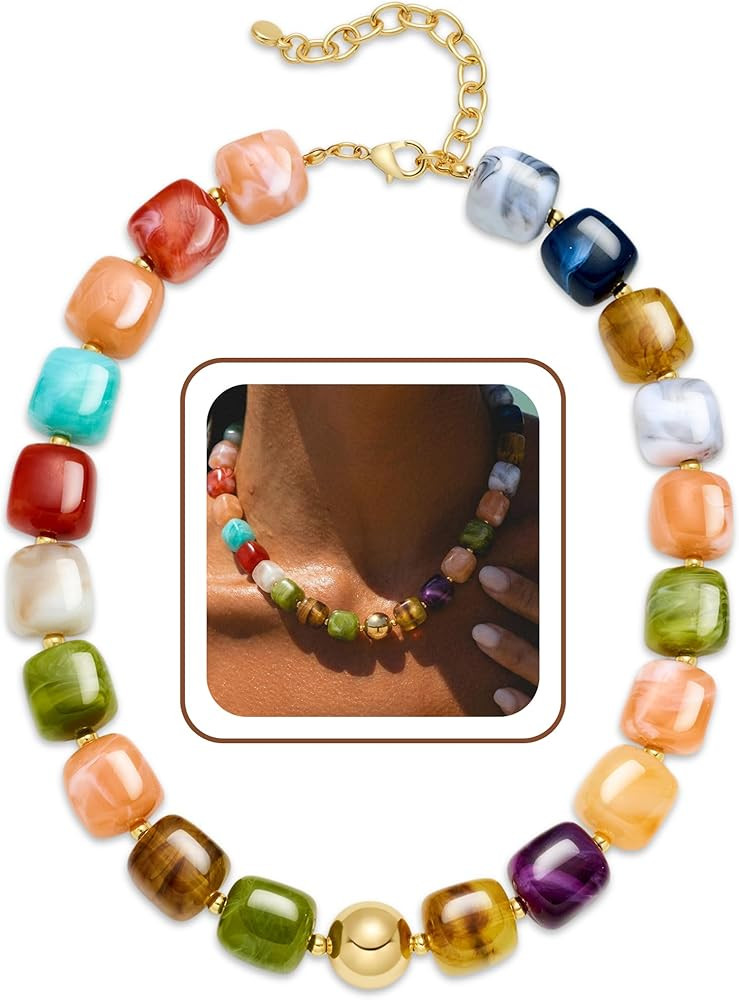 Summer Beach Jewelry Chunky Beaded Necklace for Women Trendy Statement Big Colorful Resin Bead Ch... | Amazon (US)