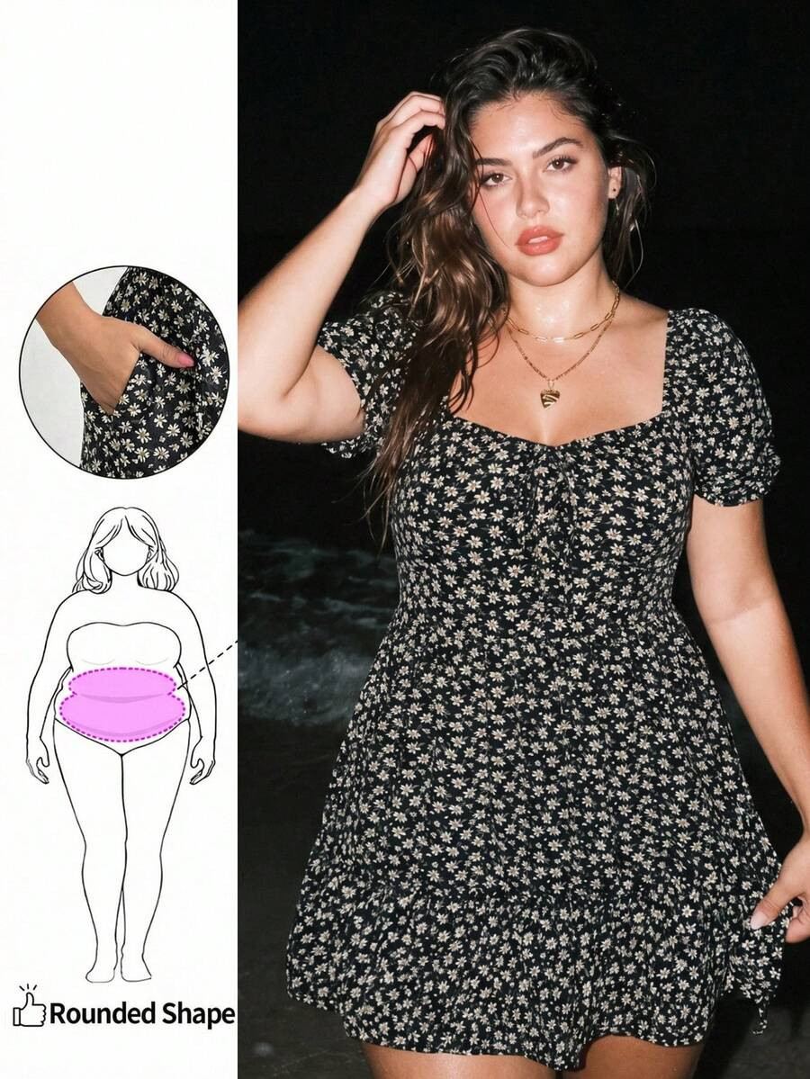 Plus-Size Women's Summer Vacation Floral Print Dress, A-Line Dress With Pocket Design. | SHEIN