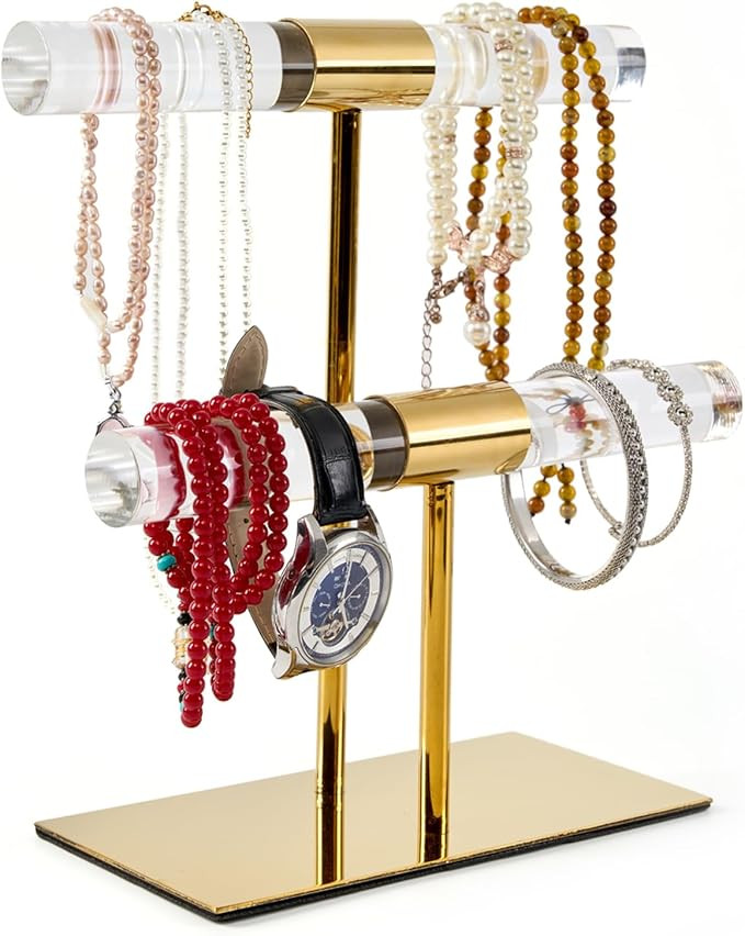 Display Stand Acrylic Jewelry Towers - Stainless Steel Long Necklaces Stand 2-Tier Crystal Tablet... | Amazon (US)