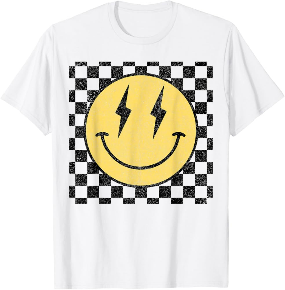 Retro Happy Face Shirt Checkered Pattern Smile Face Trendy T-Shirt | Amazon (US)