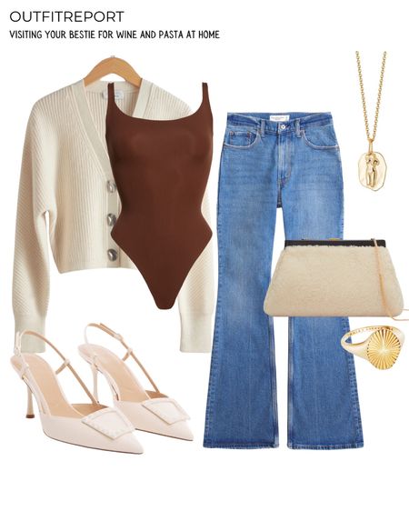 Dinner outfit with white pumps flare jeans denim bodysuit by skins and cardigan 

#LTKitbag #LTKshoecrush #LTKstyletip