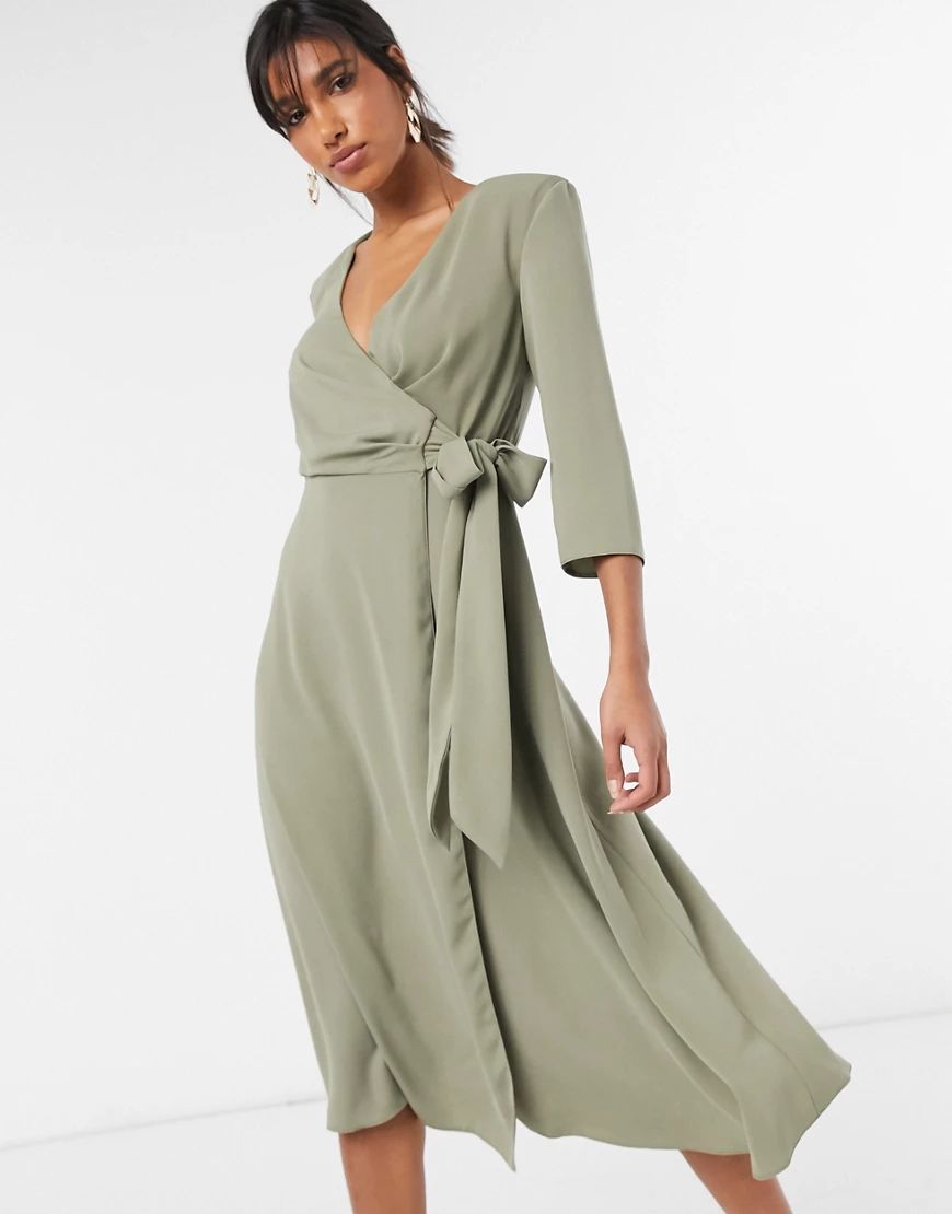 ASOS DESIGN wrap front midi dress with shoulder pad in soft khaki-Green | ASOS (Global)