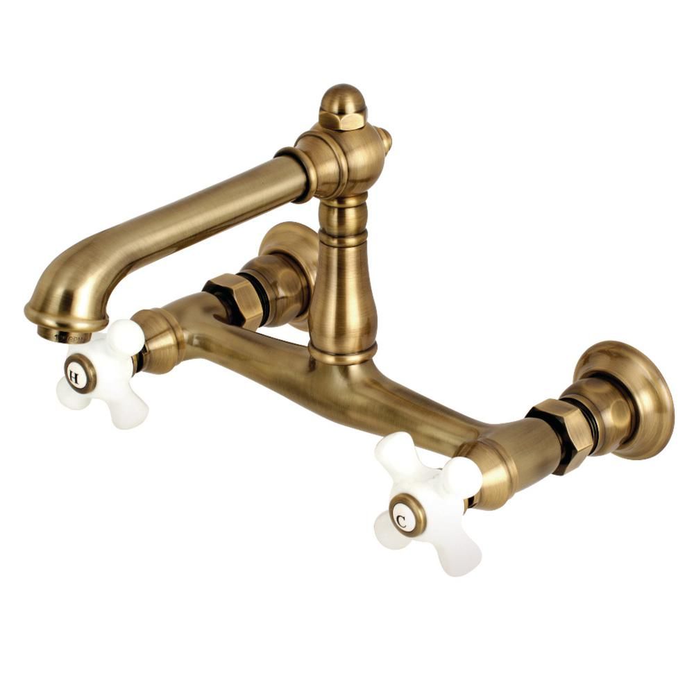 English Country 2-Handle Wall Mount Bathroom Faucet in Antique Brass | The Home Depot