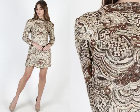 Shiny Gold Mini Dress / Metallic Asian Print Dress / Vintage | Etsy | Etsy (US)